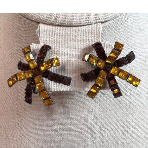 Vtg Vendome Amber Screw Back Rhinestone MCM Hollywood Starburst Clip-On Earrings